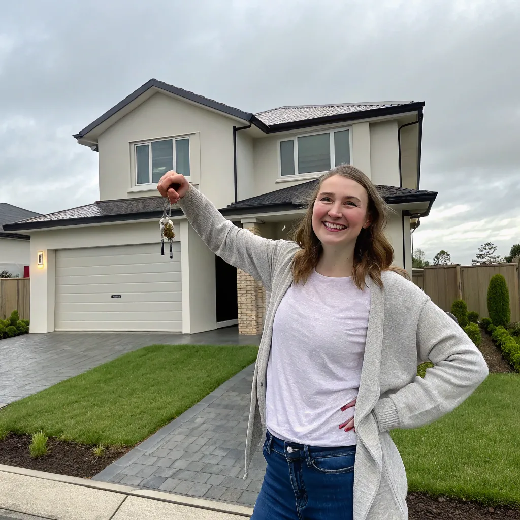 Emily standing in front of her new home